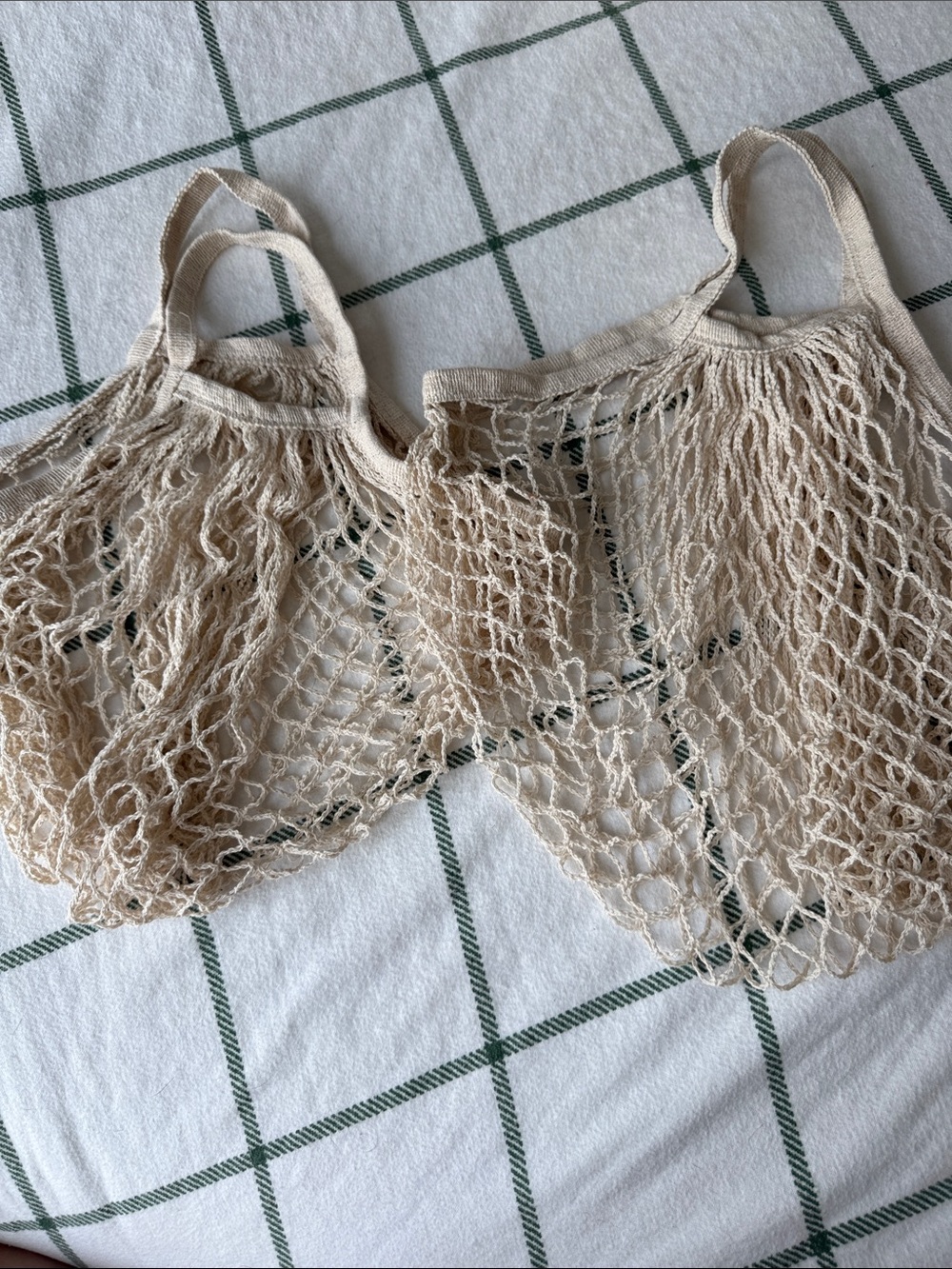Beige Cotton Mesh Market Tote Bag - Lightweight Beach & Grocery Bag